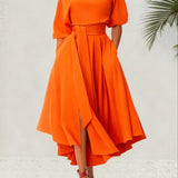 ZEBY™ - Elegant Women's Belted Bishop Sleeve Boat Neck A-Line Dress