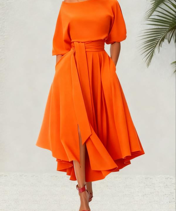 ZEBY™ - Elegant Women's Belted Bishop Sleeve Boat Neck A-Line Dress