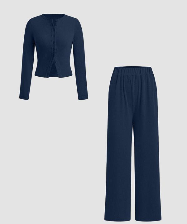 FLORLIE™ - Women’s Ribbed Crop Top & Elastic Waist Pants Casual Set