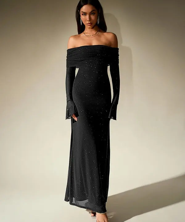 ANDREA™ - Women's Off-The-Shoulder Ruched Contrast Sequin Bodycon Dress