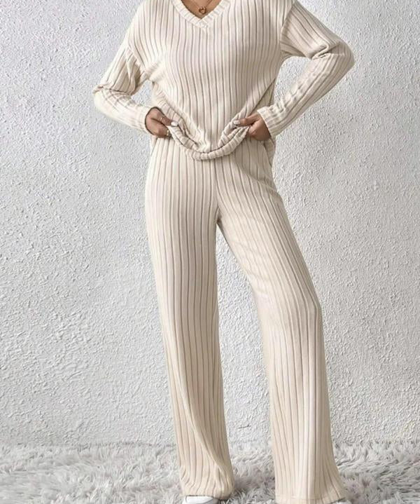 SUMMER™ - Casual V-Neck Long Sleeve Top & Straight Leg Lounge Pants Set