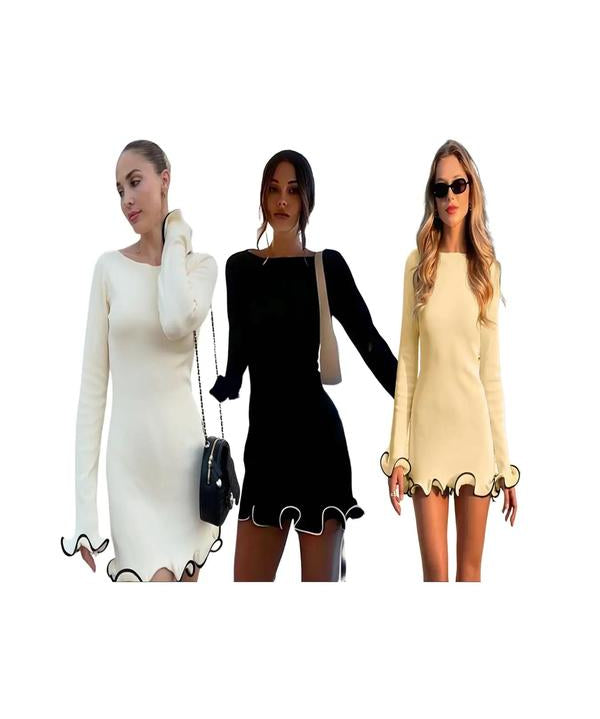 SARAH™ - Elegant Colorblock Wave Hem A-Line Long Sleeve Dress