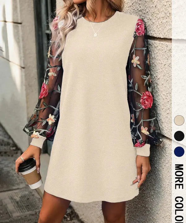 LENI™ - Elegant Floral Embroidery Bishop Sleeve Dress Long Sleeve Round Neck