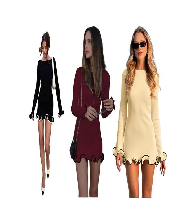 SARAH™ - Elegant Colorblock Wave Hem A-Line Long Sleeve Dress
