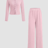 FLORLIE™ - Women’s Ribbed Crop Top & Elastic Waist Pants Casual Set