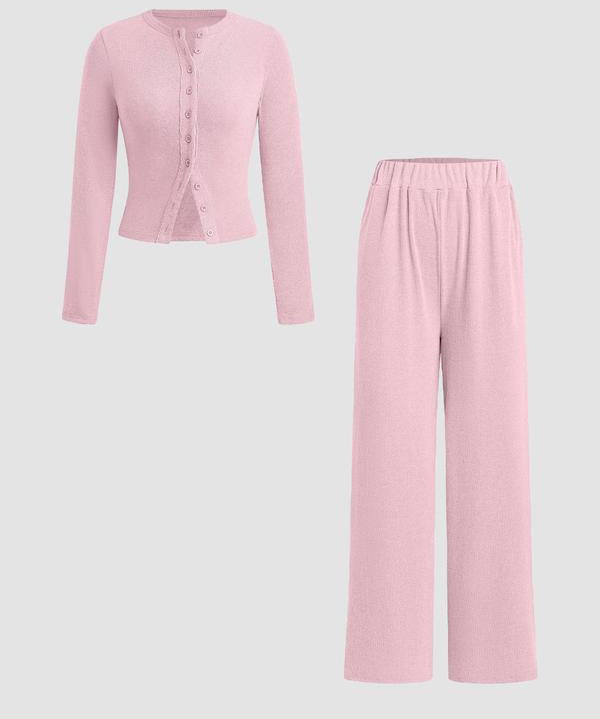 FLORLIE™ - Women’s Ribbed Crop Top & Elastic Waist Pants Casual Set