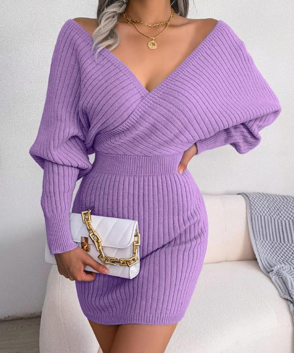 BLAKE™ - Wrapped V-Neck Sweater Dress with Slim-Fit Long Sleeves