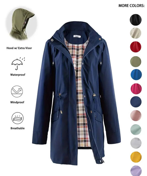 QING™ - Casual Drawstring Zip Up Hooded Trench Coat