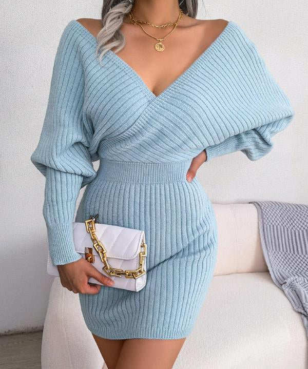 BLAKE™ - Wrapped V-Neck Sweater Dress with Slim-Fit Long Sleeves