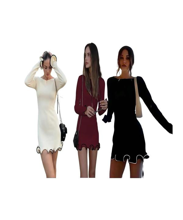 SARAH™ - Elegant Colorblock Wave Hem A-Line Long Sleeve Dress