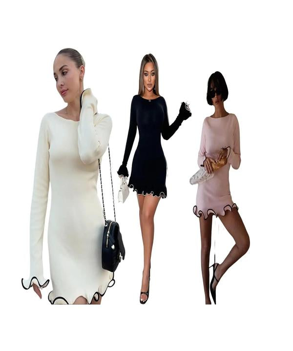 SARAH™ - Elegant Colorblock Wave Hem A-Line Long Sleeve Dress
