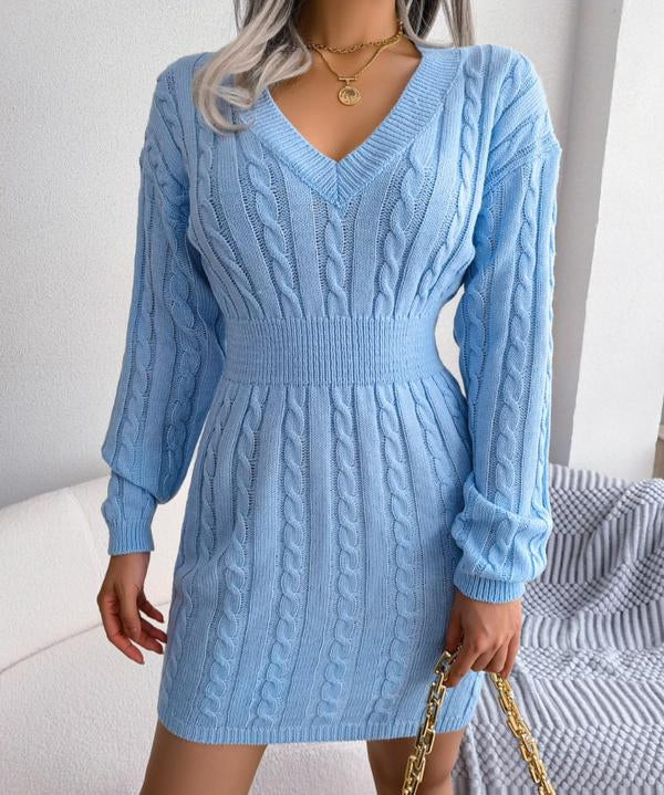 HOLLY™ - Cozy Long Sleeve V-Neck Cable Knit Sweater Dress