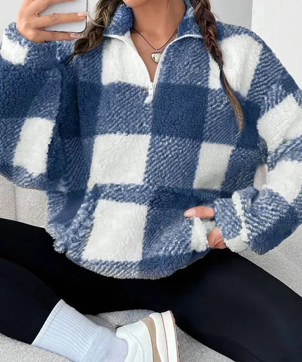 MALDA™ - Chic Plaid Print Half Zip Long Sleeve Sweater