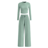 MIRELA™ - Ribbed Knit Long Sleeve Crop Top and Matching Pants Set
