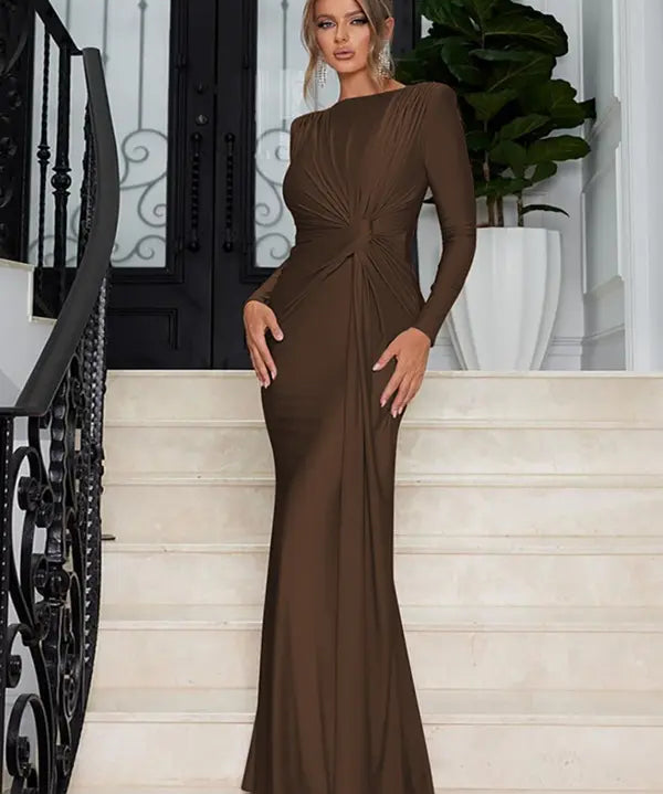 JOSALIE™ - Elegant Ruched Bodycon Dress with Padded Shoulders & Long Sleeve