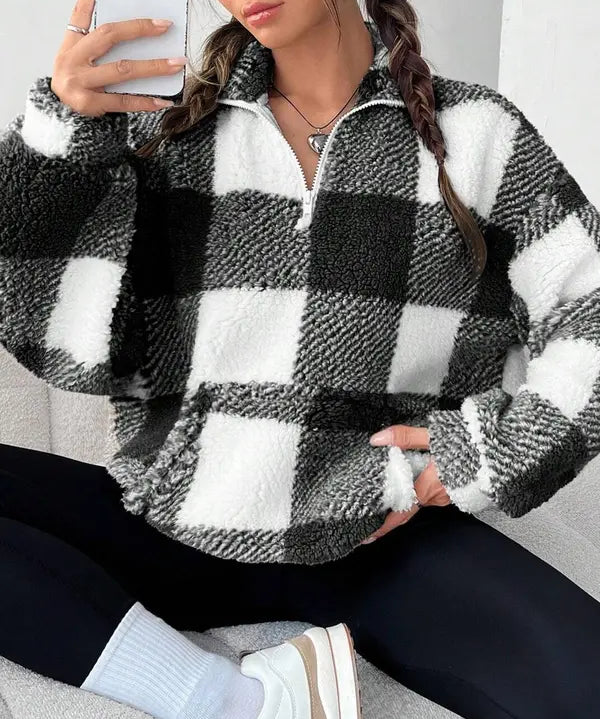 MALDA™ - Chic Plaid Print Half Zip Long Sleeve Sweater