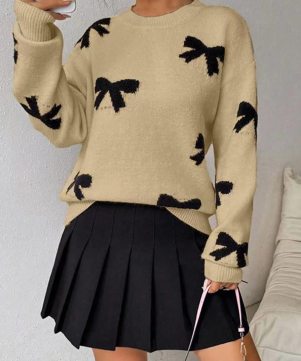 FRANCES™ - Fashionable Bow Print O-Neck Knit Winter Sweater Pullover