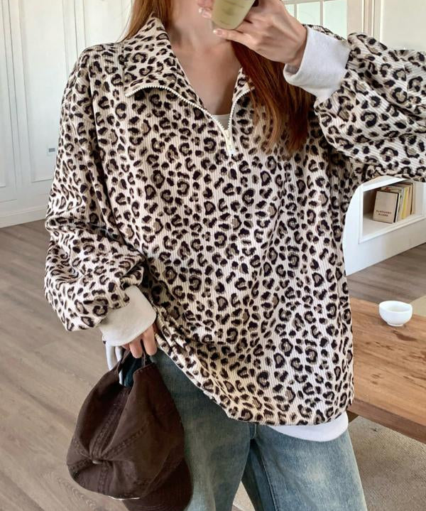 INGRID™ - Women’s Casual Zip-Up Front Leopard Print Sweatshirt Long Sleeve