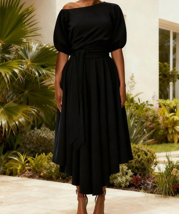 ZEBY™ - Elegant Women's Belted Bishop Sleeve Boat Neck A-Line Dress