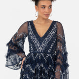 Maya Navy Fully Embellished Maxi Dress With Frill Detail
