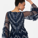 Maya Navy Fully Embellished Maxi Dress With Frill Detail