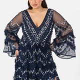 Maya Navy Fully Embellished Maxi Dress With Frill Detail