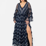 Maya Navy Fully Embellished Maxi Dress With Frill Detail